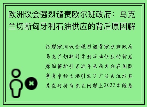 欧洲议会强烈谴责欧尔班政府:乌克兰切断匈牙利石油供应的背后原因解析