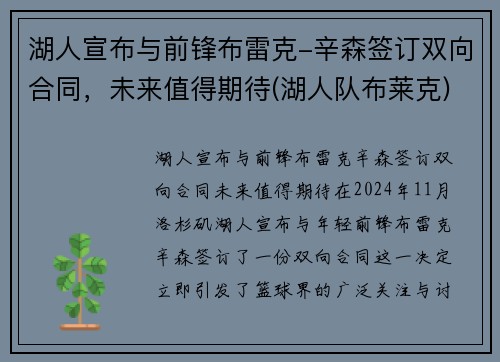湖人宣布与前锋布雷克-辛森签订双向合同,未来值得期待(湖人队布莱克)