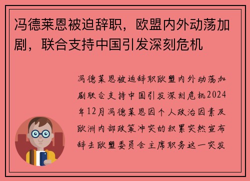 冯德莱恩被迫辞职，欧盟内外动荡加剧，联合支持中国引发深刻危机