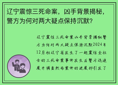 辽宁震惊三死命案，凶手背景揭秘，警方为何对两大疑点保持沉默？