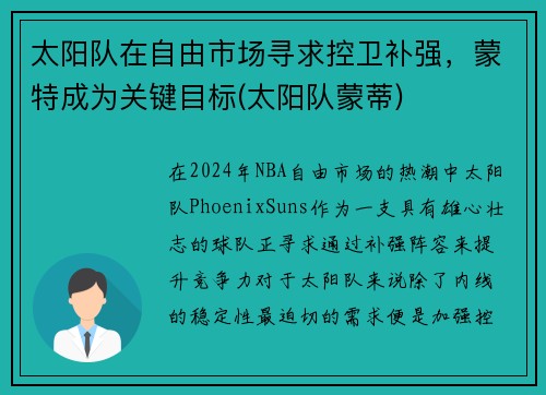 太阳队在自由市场寻求控卫补强,蒙特成为关键目标(太阳队蒙蒂)