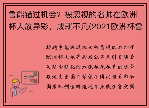 鲁能错过机会?被忽视的名帅在欧洲杯大放异彩,成就不凡(2021欧洲杯鲁尼没上场)