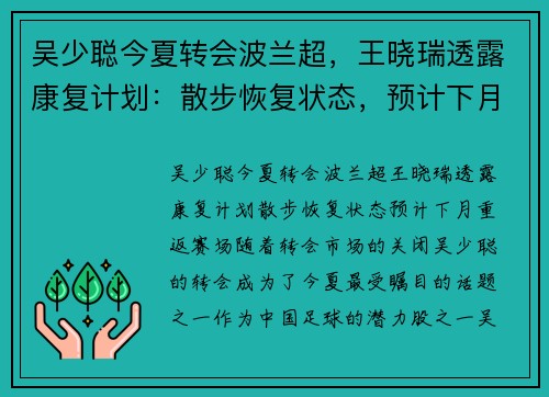 吴少聪今夏转会波兰超，王晓瑞透露康复计划：散步恢复状态，预计下月重返赛场