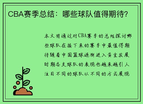 CBA赛季总结：哪些球队值得期待？