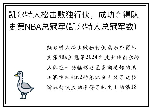 凯尔特人松击败独行侠，成功夺得队史第NBA总冠军(凯尔特人总冠军数)