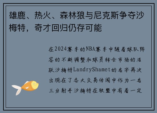 雄鹿、热火、森林狼与尼克斯争夺沙梅特，奇才回归仍存可能