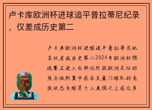 卢卡库欧洲杯进球追平普拉蒂尼纪录，仅差成历史第二