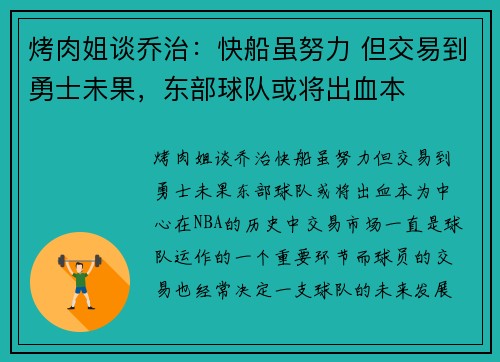 烤肉姐谈乔治：快船虽努力 但交易到勇士未果，东部球队或将出血本
