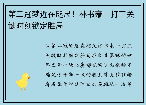 第二冠梦近在咫尺！林书豪一打三关键时刻锁定胜局