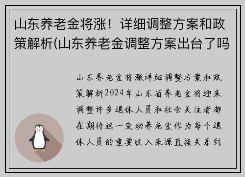 山东养老金将涨！详细调整方案和政策解析(山东养老金调整方案出台了吗)